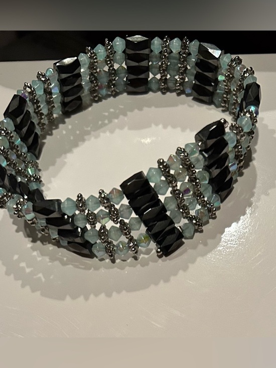 Jewelry - Black and Light Blue Beaded Magnetic, Wrap Bracelet